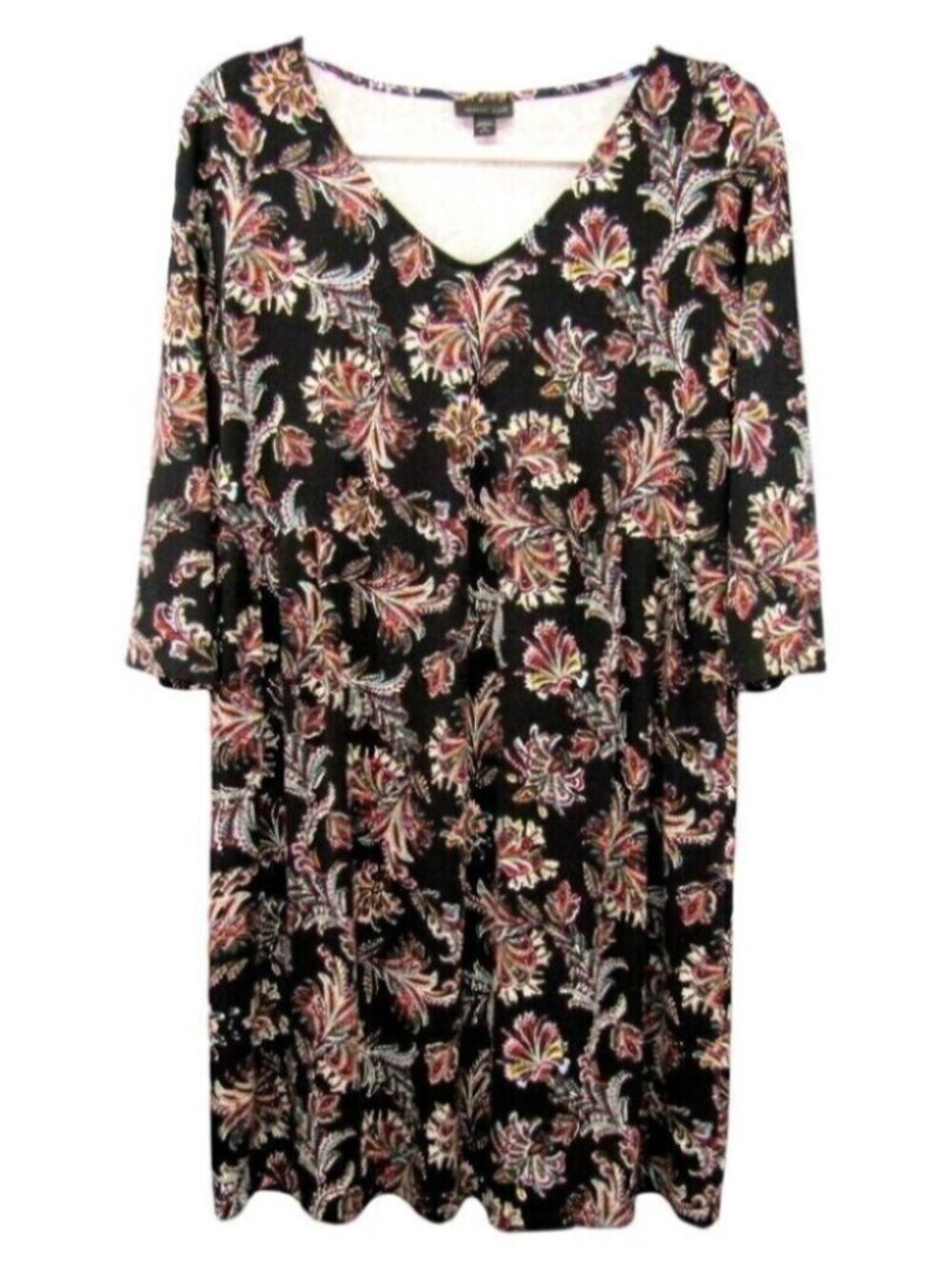 J Jill Wearever Collection Black Multicolor Floral V Neck Dress Size M Petite